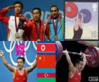 Podyum Halter 56 kg Erkekler, Om Yun-Chol (Kuzey Kore), Wu Jingbao (Çin) ve Valentin Hristov (Azerbaijan) - Londra 2012-
